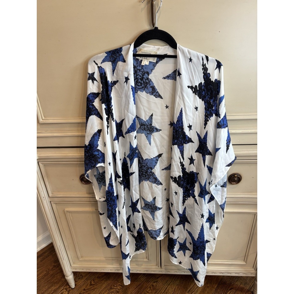 Nicole‎ Miller Artelier One Size White Blue Star Silk Duster Patriotic